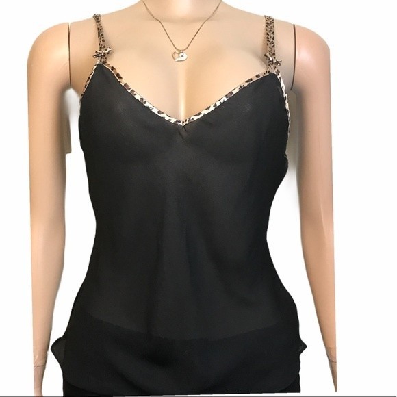Black Cami Top Black Sheer V neck animal print trimmed bows Detailing size M - Picture 3 of 8